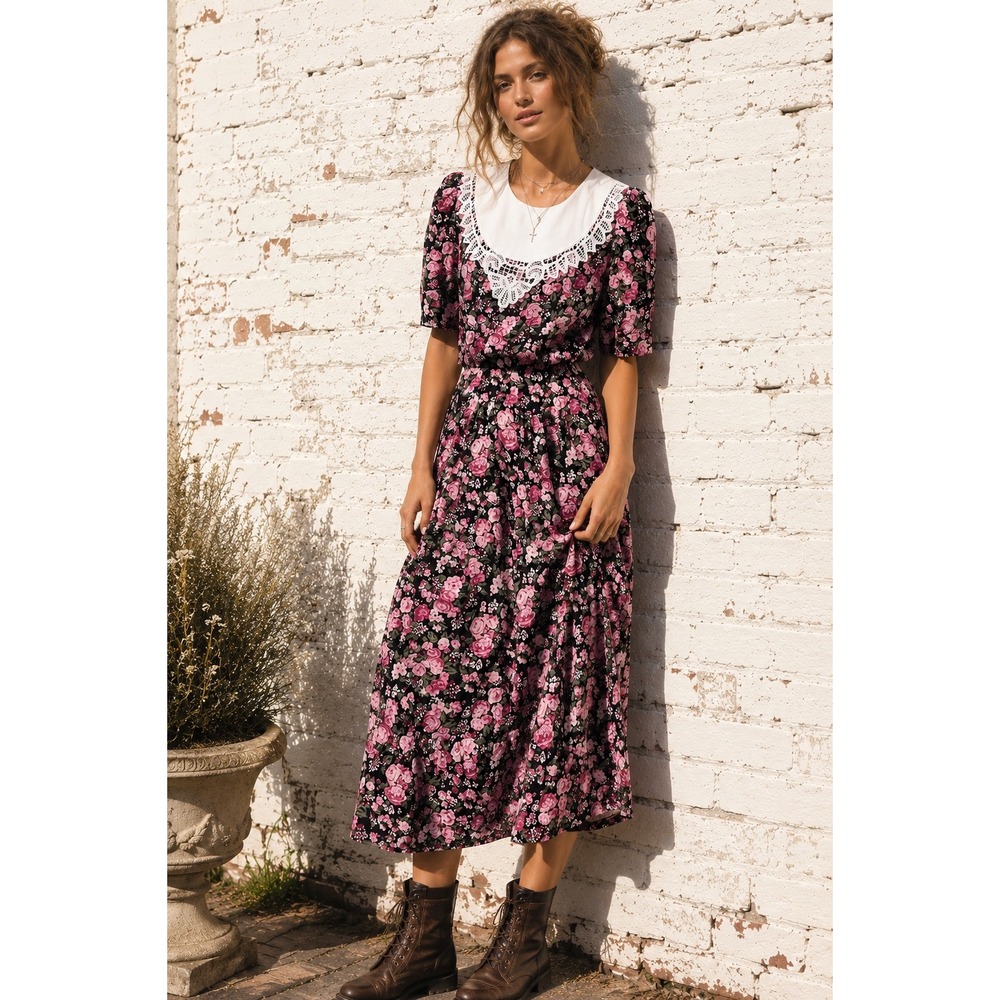 Vintage 1980s Sweet Miranda Pink Rose Cotton Floral Lace Collar Midi Dress 7 / S